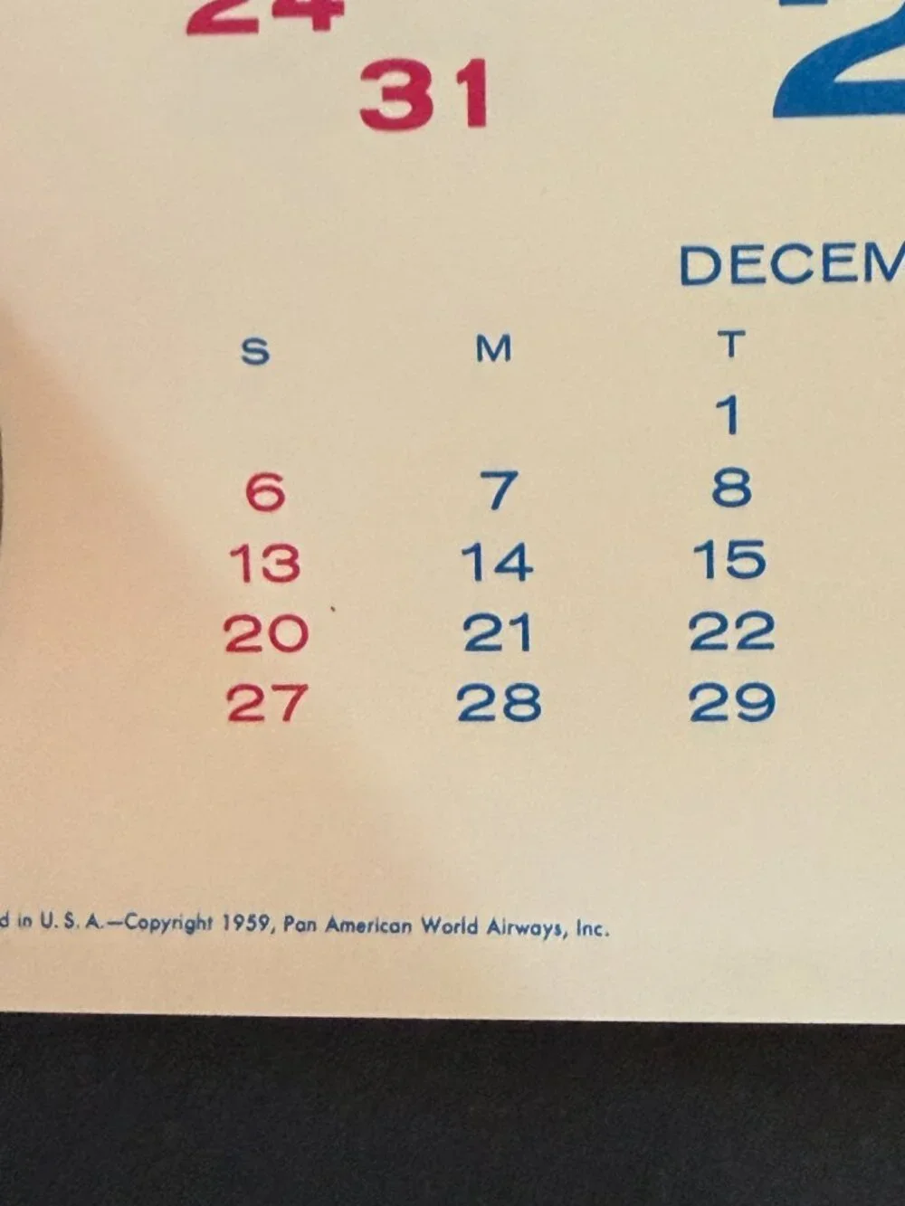 VTG 1959-60 13 Month Pan American World Airways Airline Advertising Calendar